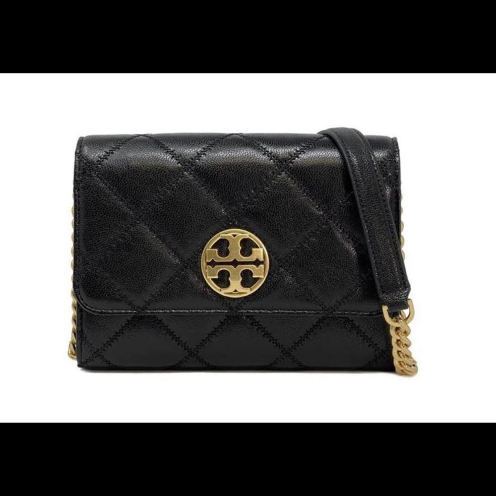 Tory Burch Black Willa chain  Quilted Crossbody Bag with Gold Details